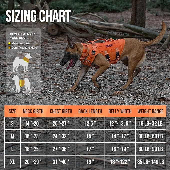 OneTigris Large Tactical Dog Harness, No Pulling Adjustable Dog Vest Harness, Heavy Duty Dog Harness with Handle, Large Hook and Loop Panels for Patch(Orange,L)