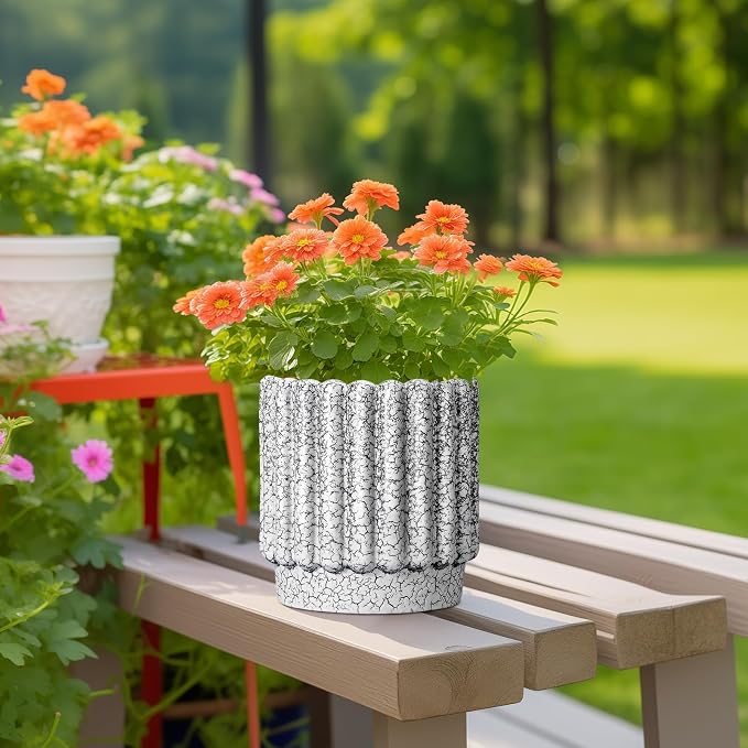 Ceramicfor Ceramic Planter, 7.6 Inch, Black and White | Drainage Hole, Round Flower Pot, Fluted Design, Indoor/Outdoor Use