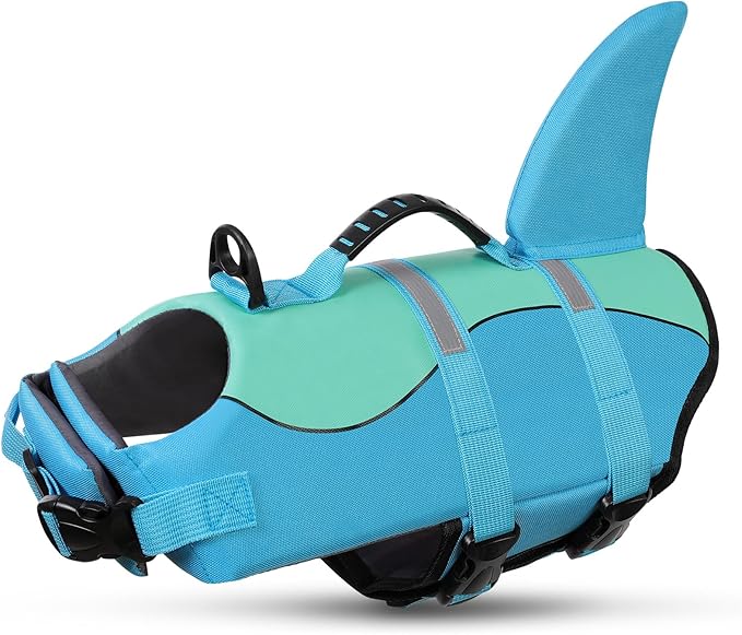 Shark Dog Life Jacket, Dog Life Vests for Boating, High Buoyant Pet Life Vest for Swimming, Adjustable Easy On Life Jackets for Small, Medium, Large Dogs (Pool Blue,L)