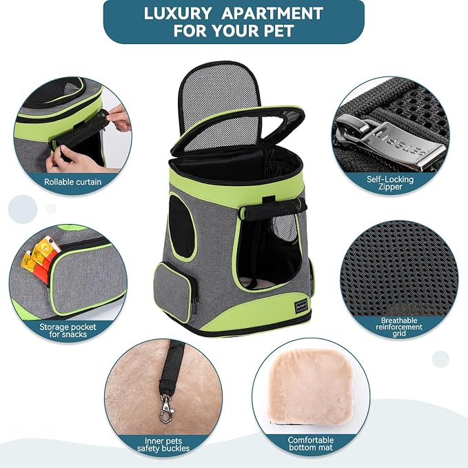 Petsfit Pet Backpack Carrier Easy-Fit Dog Travel Backpack Carrier for Hiking Walking Cycling Suitable for Small Medium Dogs Cats and Rabbits up to 22 Pounds, Green | 13.5 x 12.5 x 17.5 in; reinforced frame, 600D Oxford, 4 mesh panels, lockable zippers,...