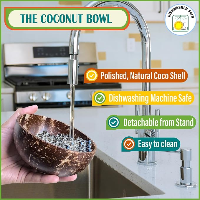 Dog Bowl with Holder for Small Dog | All-Natural Coconut Shell | Raised, Elevated, Eco-Friendly Coco Bowl with Wood Stand | Water-Proof, Water Wet & Dry Food Suitable - 20-oz