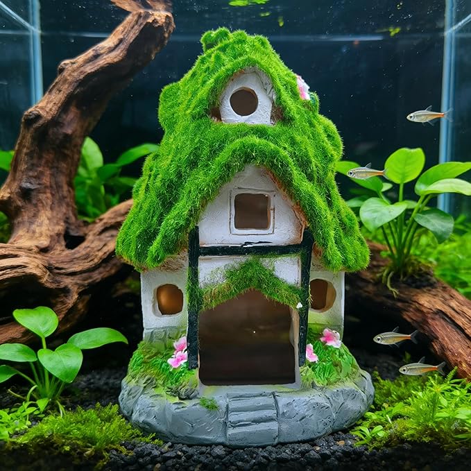 M2cbridge Aquarium Decorations Fish Hideout House Betta Cave Landscape Garden Decoration with Green Lifelike Moss (Garden Shed)