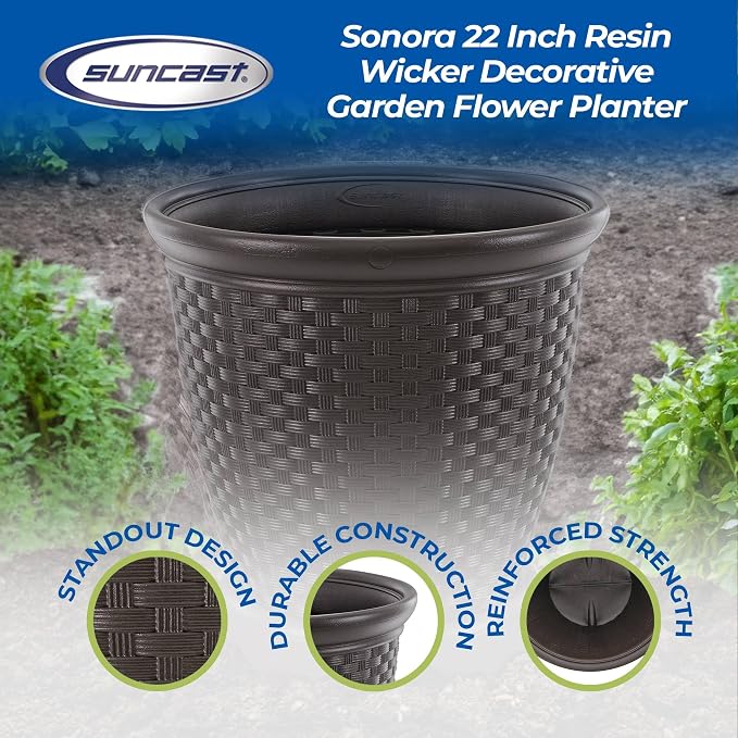 Suncast Sonora 4 Pack 22 Inch Plastic Wicker Indoor or Outdoor Decorative Garden Flower Planter for Entryways, Porch, and Backyard Patios, Dark Brown