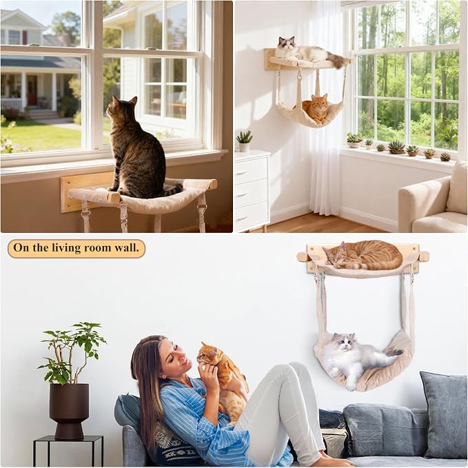 JSPYFITS Wooden Cat Furniture Wall Mounted, Double Layer Hammock, Large Size 18.9″ Removable Multi-Function Cat Bed for Sleep/Play/Climb, Kitten Window Perch, Easy DIY Installation(Beige)
