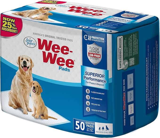 Four Paws Wee-Wee Superior Performance Dog Pee Pads, 50 Count | Quilted leak-proof puppy pads, dog housebreaking & potty training, 24-hour floor protection, pet supplies, 22" x 23"