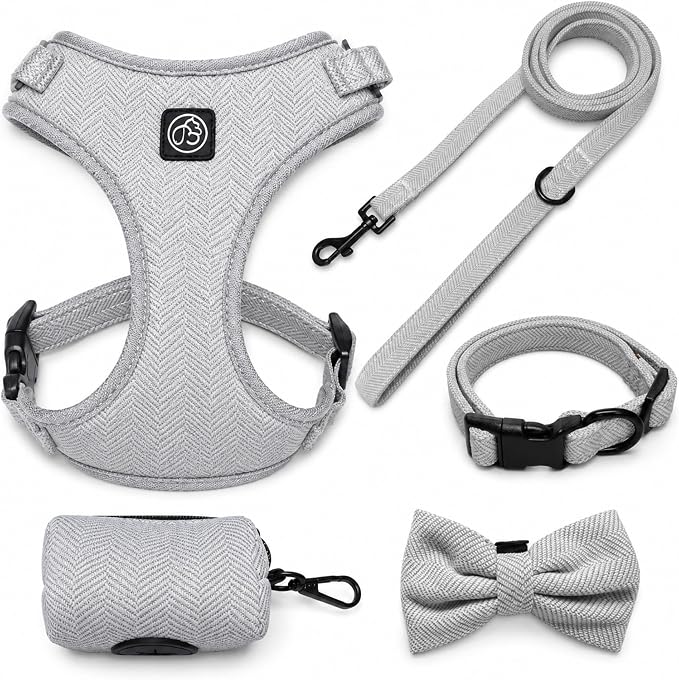 EVERKING 5-Piece Dog Travel Set, Adjustable Harness, Leash, Collar, Poop Bags, Bowtie for Small Medium Dogs, Beige, Breathable No-Pull Design (Slate Gray, L)