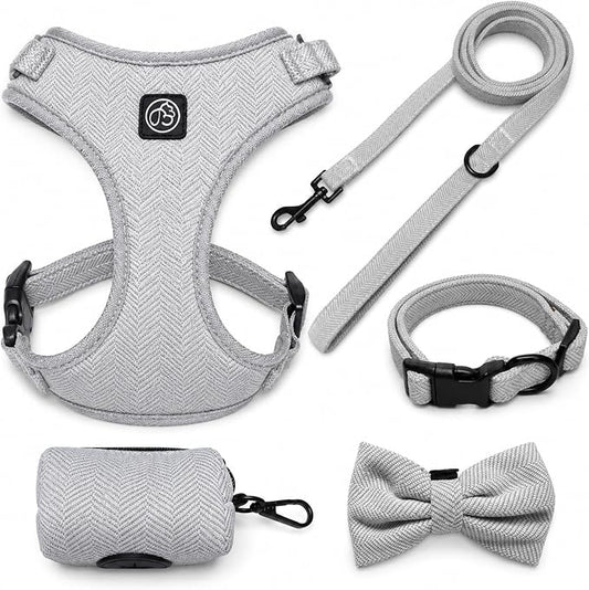 EVERKING 5-Piece Dog Travel Set, Adjustable Harness, Leash, Collar, Poop Bags, Bowtie for Small Medium Dogs, Beige, Breathable No-Pull Design (Slate Gray, L)