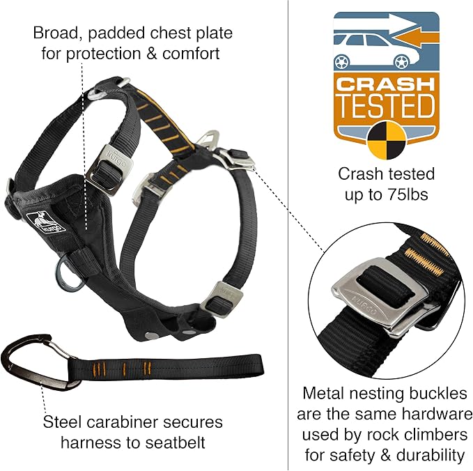 Kurgo Enhanced Strength Tru-Fit Smart Harness, Charcoal, Small | Crash Tested Car Harness for Dogs up to 75Lbs, Seatbelt Tether & Steel Carabiner, All-Steel Buckles, Padded Chest for Comfort