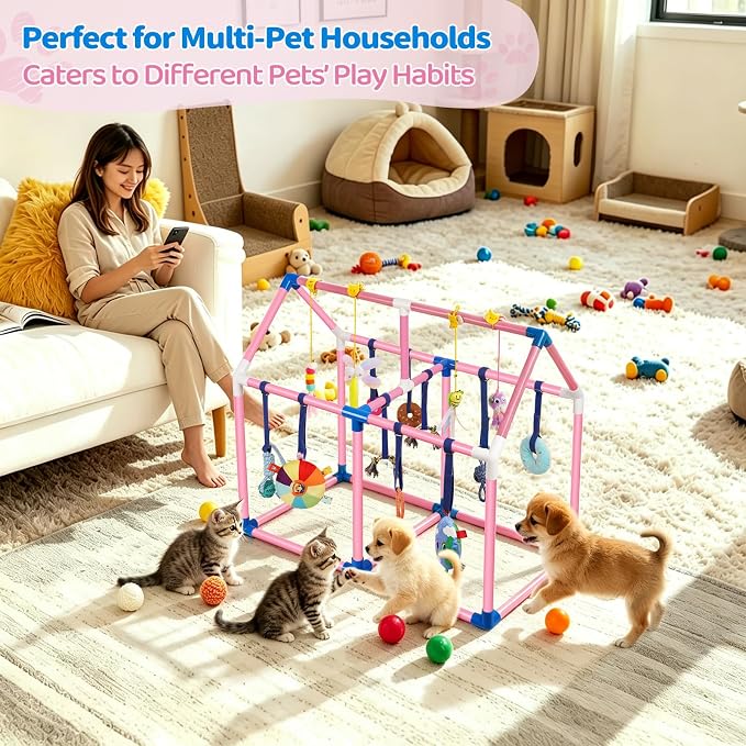 Liitrton Puppy Play Gym for Small Dogs & Kittens, Large PVC Pink Frame | Indoor Puppy Jungle Gym with 14 Hanging Enrichment Toys, Reduce Puppy & Cats Boredom