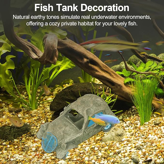 Virekm Aquarium Decorations, Aquarium Decorations for Fish Tank - Realistic Resin Rock Cave Hideouts, Safe Fish Tank Ornaments with Natural Design for Betta, Goldfish, Shrimp - Easy to Clean (car)