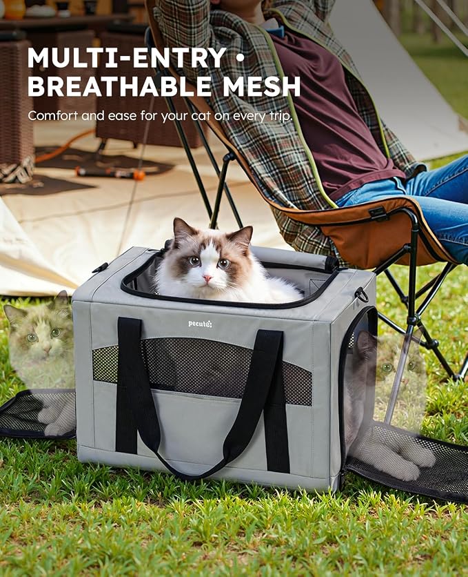 Pecute Cat Carrier Stable, Pet Carrier with Privacy Partition,Gray | Safe For Car Travel, Stable Steel Frame, Soft-Sided Pet Carrier Bag For Dogs And Cats Up To 15lbs, Foldable Design,XL.