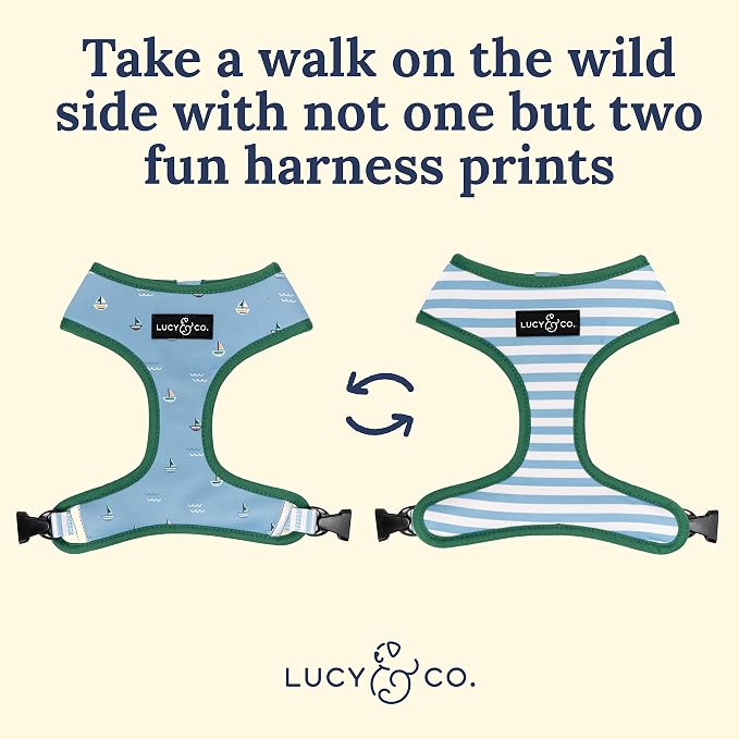 Lucy & Co. Reversible Dog Harness - Water-Repellent Neoprene, Dual-Print Design, Easy Swap Style, Adjustable Comfort Fit - Set Sail Reversible Harness - X-Large