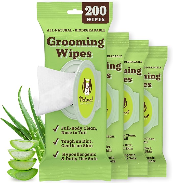 Natural Dog Company XL Grooming Wipes for Dogs – Hypoallergenic, Biodegradable, Fragrance Free – Aloe Vera & Witch Hazel – Large 7×8 in Wipes for Paws, Face, Ears & Butt – 200 Count Sensitive Skin