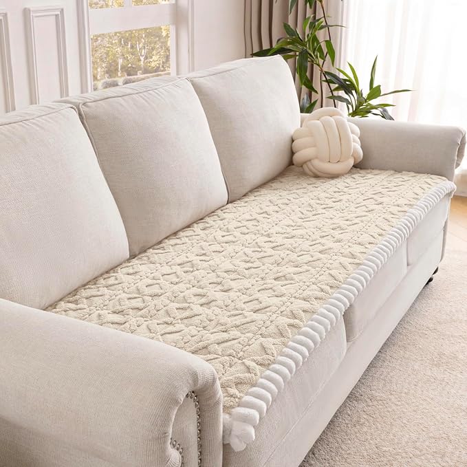 Couch Cover for Dogs, Washable Non Slip Sofa Covers for 4 Cushion Couch Pet Friendly Fuzzy Sofa Protector&Bed Mat for Pets (27.6"x94.49" Beige)