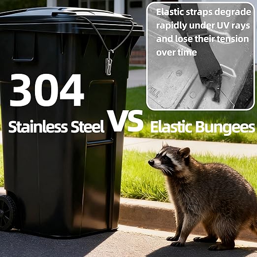 Trash Can Lock for Animals [Patent Pending] – 304 Stainless Steel Wire & Zero-Gap Tension Latch – Stops Raccoons, Dogs & Bears – Universal Garbage Can Lock for Outdoor Bins (Fits 20-100 Gal)