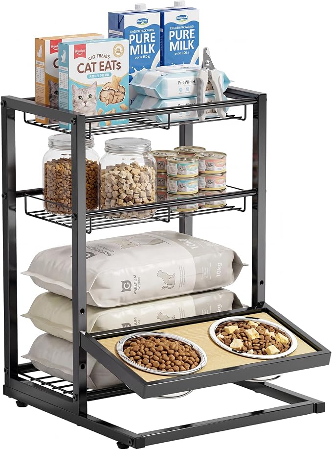 Elevated Cat Bowl Stand Feeding Station, 3-Tier Cat Food Organizer & Storage, Pet Feeding Station with Cat Table, Cat Food Stand for Large Medium Cats, 3 Height Adjustable, Black