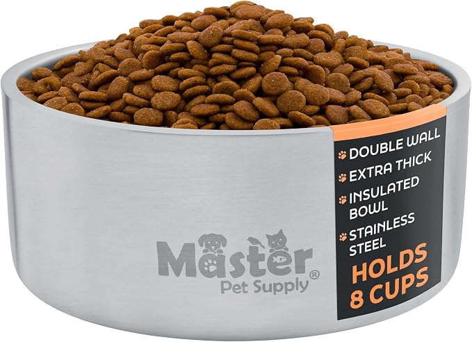 Master Pet Supply Stainless Steel Dog Bowls - 64 oz, Heavy Duty - Stainless Steel, Double Wall Extra-Thick Insulated, Non-Slip Pet Water Bowl for Dogs, Cats & Pets, Anti Rust Metal, Dish Washer Safe