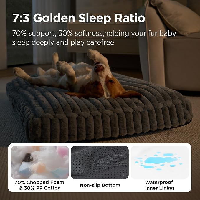 Bedsure ComfyFleece™ Fluffy Balanced Support XL Dog Bed for Crate,41x27 | Golden Ratio Chopped Foam & PP Cotton, Upscale Home Decor,Waterproof Liner, Removable Washable Cover, Nonslip Bottom,Grey