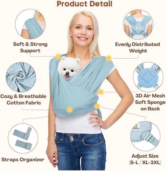 Small Dog Sling Carrier, Hands-Free, Baby Blue, Plus | Patented Front Carrier Reduces Back and Neck Strain; Adjustable, Soft Cotton, 3D Air Mesh for Puppies & Cats up to 20 lb