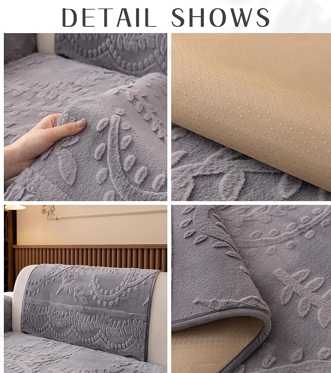 Grey Fuzzy Rabbit Plush Sofa Cover Cozy Warm Sofa Couch Covers with 3D Jacquard Leaf Pattern Non-Slip Easy-to-Install Shaggy Sofa Slipcover Prefect for Kids Dogs Cats Cats(Grey,36"x28")