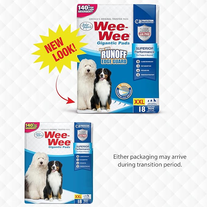 Four Paws Wee-Wee Superior Performance Gigantic Dog Pee Pads, 18 Count | Puppy & dog potty training pads, all day floor protection, housebreaking pet supplies, leak-proof puppy pads, 27.5" x 44"