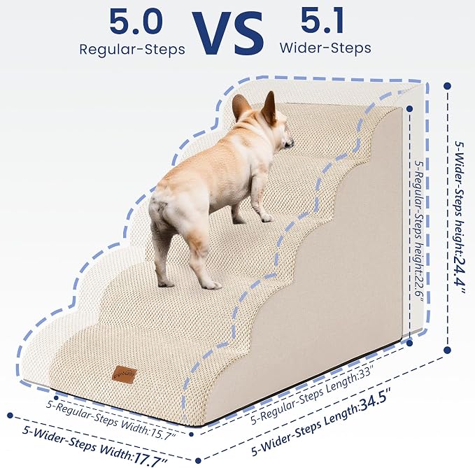 GoGoBunny Ramp Dog Stairs for High Beds 24.4" H, 5-Step Extra Wide Dog Slope Stairs with Durable Waterproof Fabric Cover, Pet Steps for Old Large Dogs Climbing, Non-Slip Sturdy Indoor Step, Beige