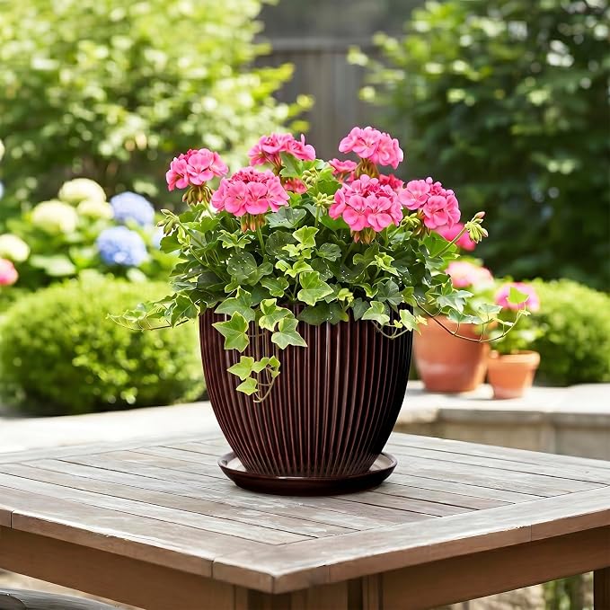 8 Inch Flower Pot, Ceramic Planters with Drainage Hole and Plant Saucer, Round Planters for Indoor Plants, Modern Plant Pot, Decorative Planter, Home Entryway Decor, Women Men Gifts, Brown