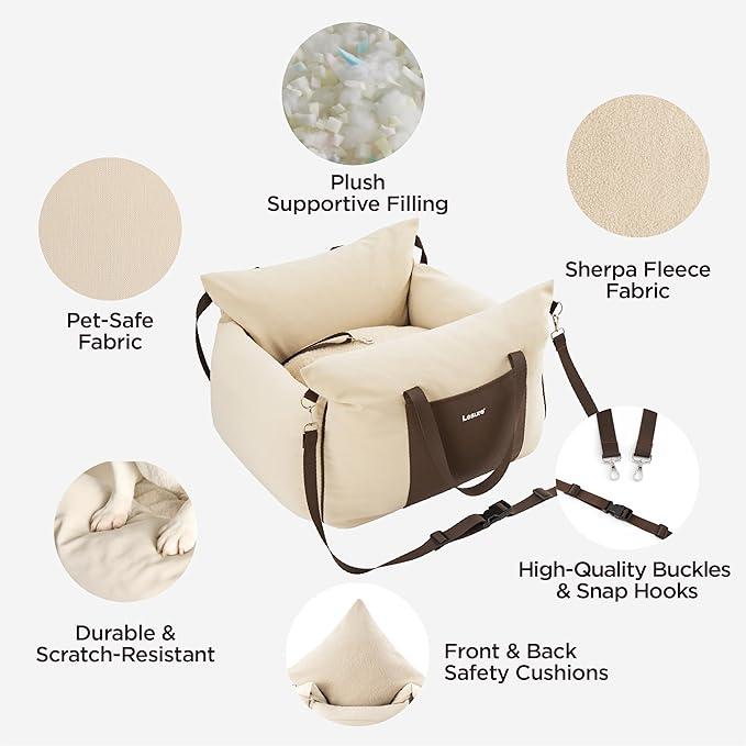 Lesure Dog Car Seat for Small Dogs,Booster Car Bed for Puppy Under 25lbs | Soft Pet Carseat with Clip-On Safety Leash and Thickened Memory Foam Filling,Dog Travel Carrier Bed with Storage Pocket,Beige
