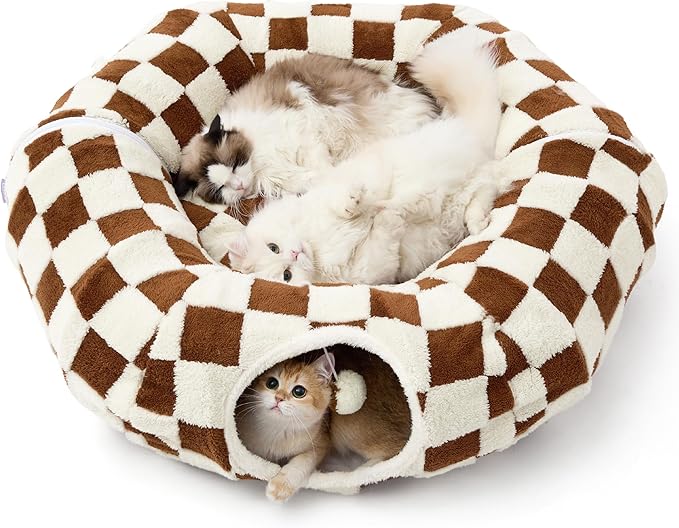 Lesure Donut Cute Jacquard Large Cat Tunnel Bed Kitten Toys for Dog Bunny | 39.5x39.5x10in,Round Large Cat Bed Tube for Multi Kittens,Pet Peekaboo Cave Toy,Spiral Hideaway,Washable Cushion,Brown Checks