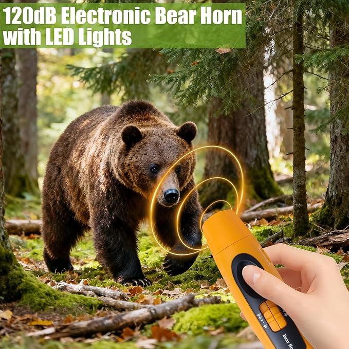 120±5 dB Rechargeable Bear Horn, Electronic Air Horn for Bears with 4 Volume Levels & 3 Tones, Whistle Bear Bells LED Safety Light for Hiking Camping Emergency, Wildlife Defense
