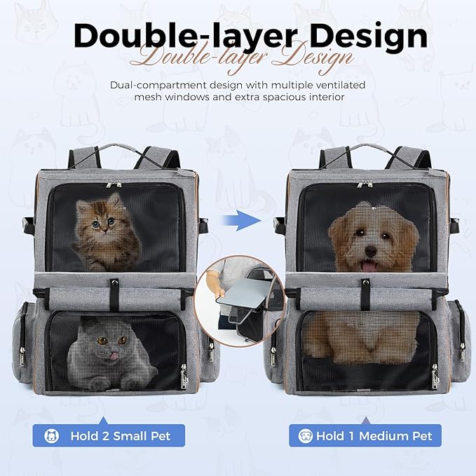 Double Cat Backpack Carrier for 2 Cats, Double-Compartment Pet Carrier Backpack for Two Small Cat or One Medium Cat, Cats Carrier Backpack Dog Carrier Backpack Fits Up to 24 Lbs,Grey