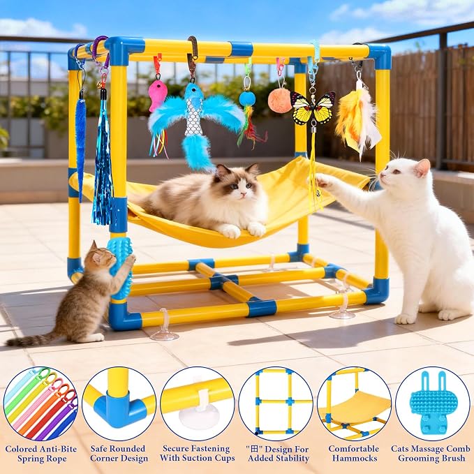 Cat Jungle Gym With Hanging Interactive Toys, Hammock Cat Activity Center | With Cat Self Groomer, Removable PVC Frame With Colored Spring Rope, Cat Enrichment Toys For Bored Indoor Adult Cats, Kittens