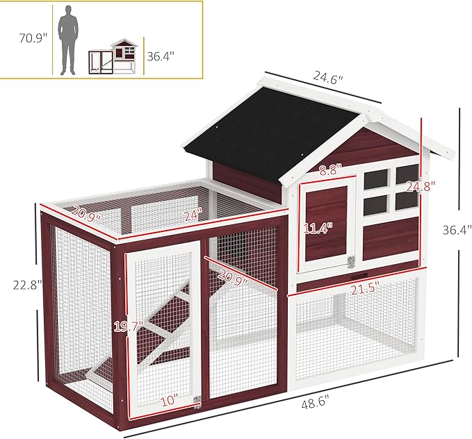 PawHut 49" Wooden Rabbit Hutch Bunny Cage with Waterproof Asphalt Roof, Fun Outdoor Run, Removable Tray and Ramp, for Rabbits, Chickens, Ducks, Brown