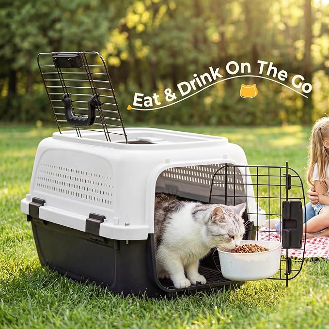 NEWBULIG 23" Hard-Sided Dog Carrier, Plastic Cat & Dog Crate, 4-Sided Ventilation Travel Pet Kennel, Top & Front Door Access, Integrated Food Bowl, for Small Pets up to 22 lbs, White & Black