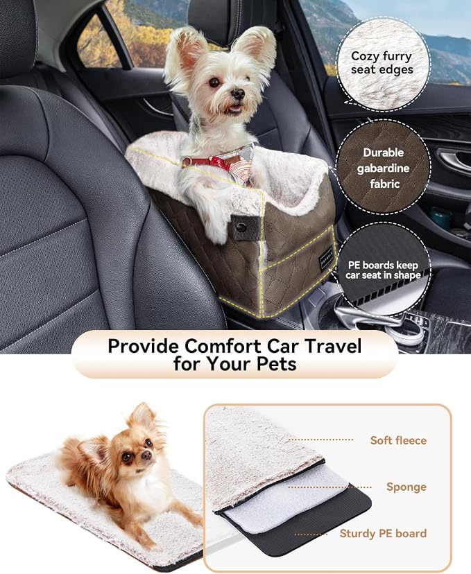 PETSFIT Dog Console Car Seat with Dual Adjustable Seat-Rail Anchor Hooks | Anti-Collapse Leather Armrest Booster Carseat with Safety Tether, Washable Cushion, Soft Pillow for Pets Under 8 lbs,Coffee