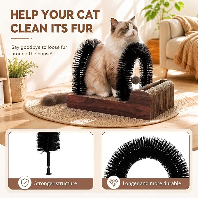 Sadnyy Cat Self Groomer with 2 Arch Grooming Brushes and Scratcher Pad, for Cat Back and Face Scratcher Massager with 2 Plush Balls, Pet Rubbing Post for Indoor Outdoor Kitten Small Dog