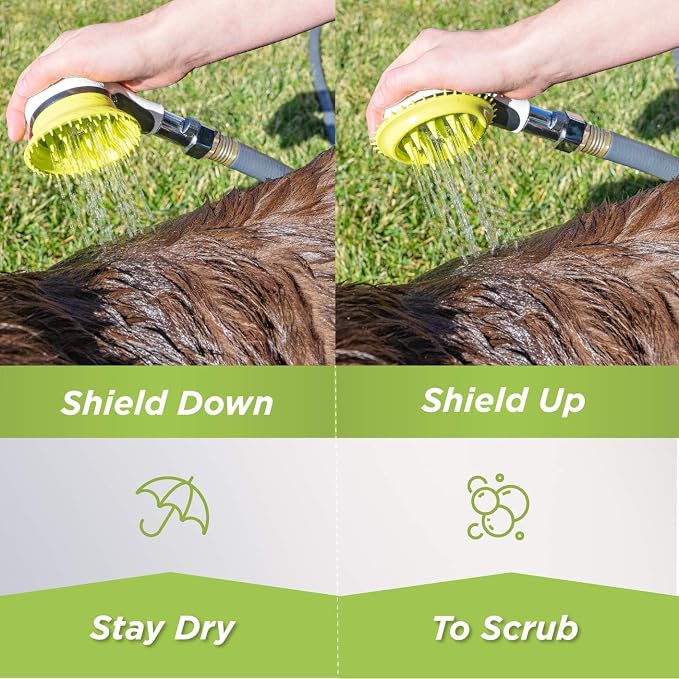 Outdoor Dog Wash Garden Hose Nozzle for Bath and Quick Paw Rinses. Splash Shield Handle and Rubber Grooming Brush. Metal Connection. Swivels on Hose with Water Pressure Control.