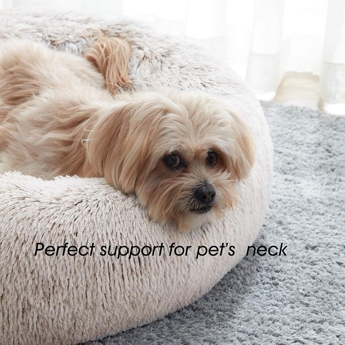 Western Home Calming Donut Small Medium Pet Dog Bed Washable,27"White Khaki | Fluffy Faux Fur Round Cuddler,Anti-Anxiety,Anti-Slip Bottom,Plush Pet Dog Beds for Small Medium Sized Dogs,Up to 35 LBS