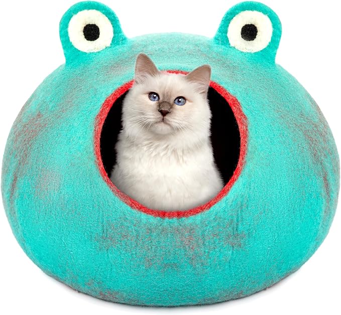 Luxurious Merino Wool Cat Cave - Foldable Hideaway Pod for Indoor Cats - Premium Felt Kitten Pet Enclosure - Covered Cat House for Ultimate Cozy Comfort by Woolygon (Turquoise Frog)