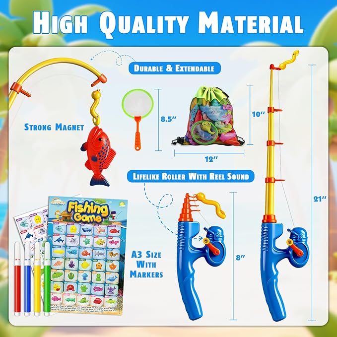 CozyBomB™ Magnetic Fishing Toys Game Set for Kids | Water Table Bathtub Kiddie Pool Party Pole Rod Net, Outdoor Plastic Floating Fish, Toddler Bath Color Ocean Sea Animals Birthday Gift Age 3-5 6 4-8