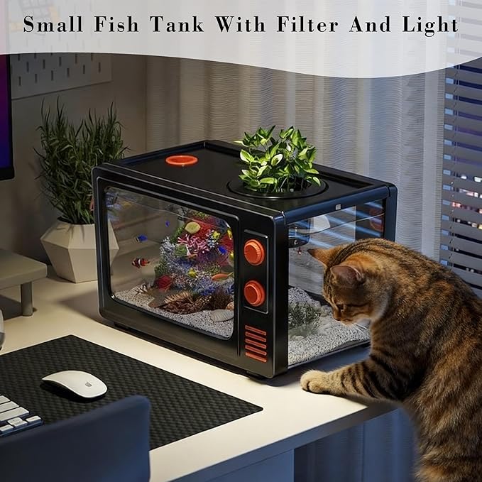 2.5 Gallon Fish Tank Kit with LED Lights, Filter & Plant Planter - Retro TV Decorative Fish Tank for Office Desk Home Decor,Mini Aquarium Starter Kit for Betta Fish (Black - 2.5 Gallon)
