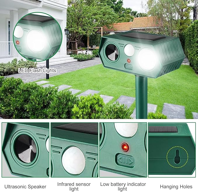2025 Solar Animal Repellent,Upgraded Ultrasonic Cat Repellent Outdoor,Waterproof Deer Deterrent for Bird Dog Skunk,Squirrels Deterrent with Motion Detection Flash Lights for Pasture House (2 Pack)