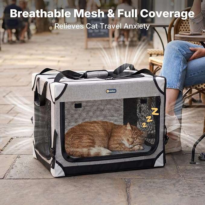 Veehoo Extra Large Cat Travel Carrier with Litter Box for 2 Cats, 48 inch Collapsible Dog Crate for Small Medium Dogs, 2 in 1 Cat Pet Puppy Kitten Foldable Car Carrier Soft Sided for Road Trip, Gray