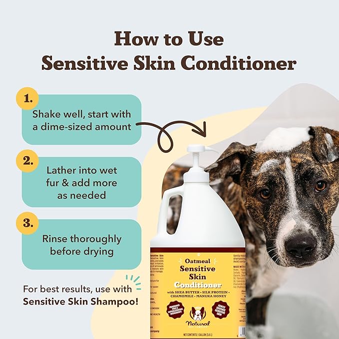 Natural Dog Company Sensitive Skin Dog Conditioner – Oatmeal Moisturizing for Sensitive & Itchy Skin, Detangling Grooming Formula for Long Haired Dogs, with Manuka Honey & Chamimile, 128 oz