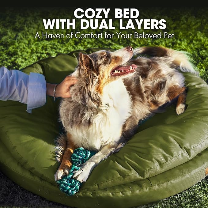 ClevaHome Orthopedic Dog Bed for Large Dogs, 42 inches Dual Layer Water Repellent Round Pet Bed with Washable Cover Nonslip Bottom (Olive Branch)