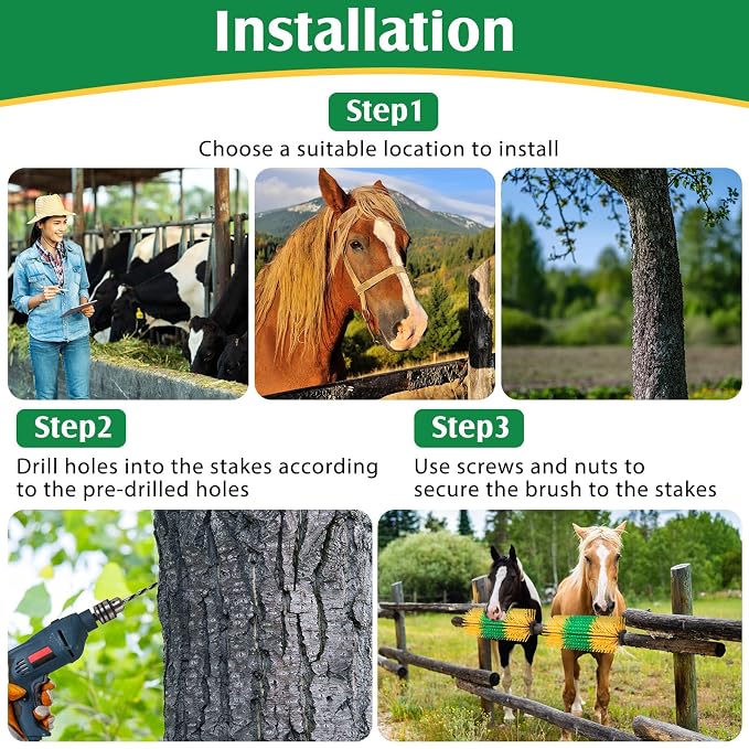 3 Pack Livestock Scratching Brush, Green and Yellow | Animal Scratcher, Itch Relief Grooming, Horse Goat Cow Scratcher, Fence Post Mounting, Durable Bristles, Farm Livestock Care