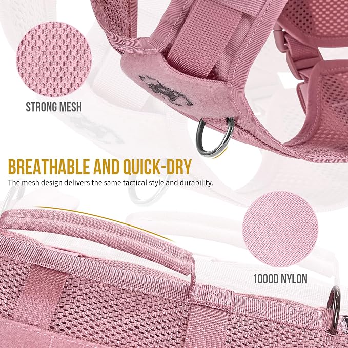OneTigris Tactical Dog Harness for Small Dogs, No Pull Small Dog Vest Harness with Handles Breathable Military Dogs Molle Vests, Walking Hiking Training (Pink, X-Large)
