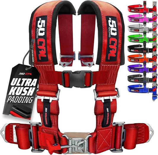 1pc 50 Cal Red 4 Point Harness 2" straps, Racing Harness Seat Belt | Ultra Kush padding, Push Button quick release hardware. Universal Fit for UTV, RZR, race car