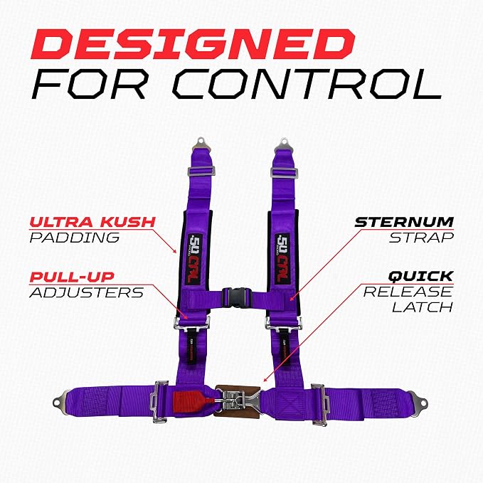1pc 50 Cal Purple 4 Point Harness 2" straps, Racing Harness Seat Belt | Ultra Kush padding, Push Button quick release hardware. Universal Fit for UTV, RZR, race car