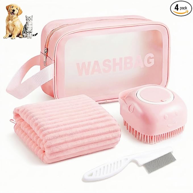 4PCS Dog Bath Kit & Dog Brush Kit for Dogs & Cats - Professional Pet Grooming Tools Set with Shedding Brush, Bath Scrubber, Dematting Comb & Storage Bag - Complete Dog Washing Essentials, Pink